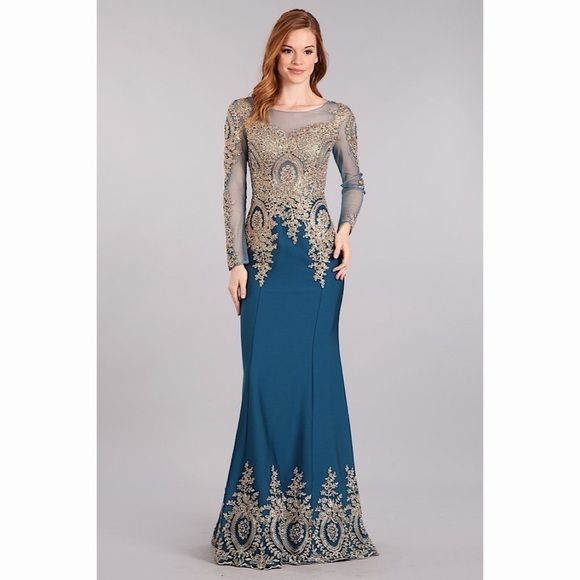 TEAL and Gold Lace Long Sleeve Gown 1673 - Picture 1 of 6